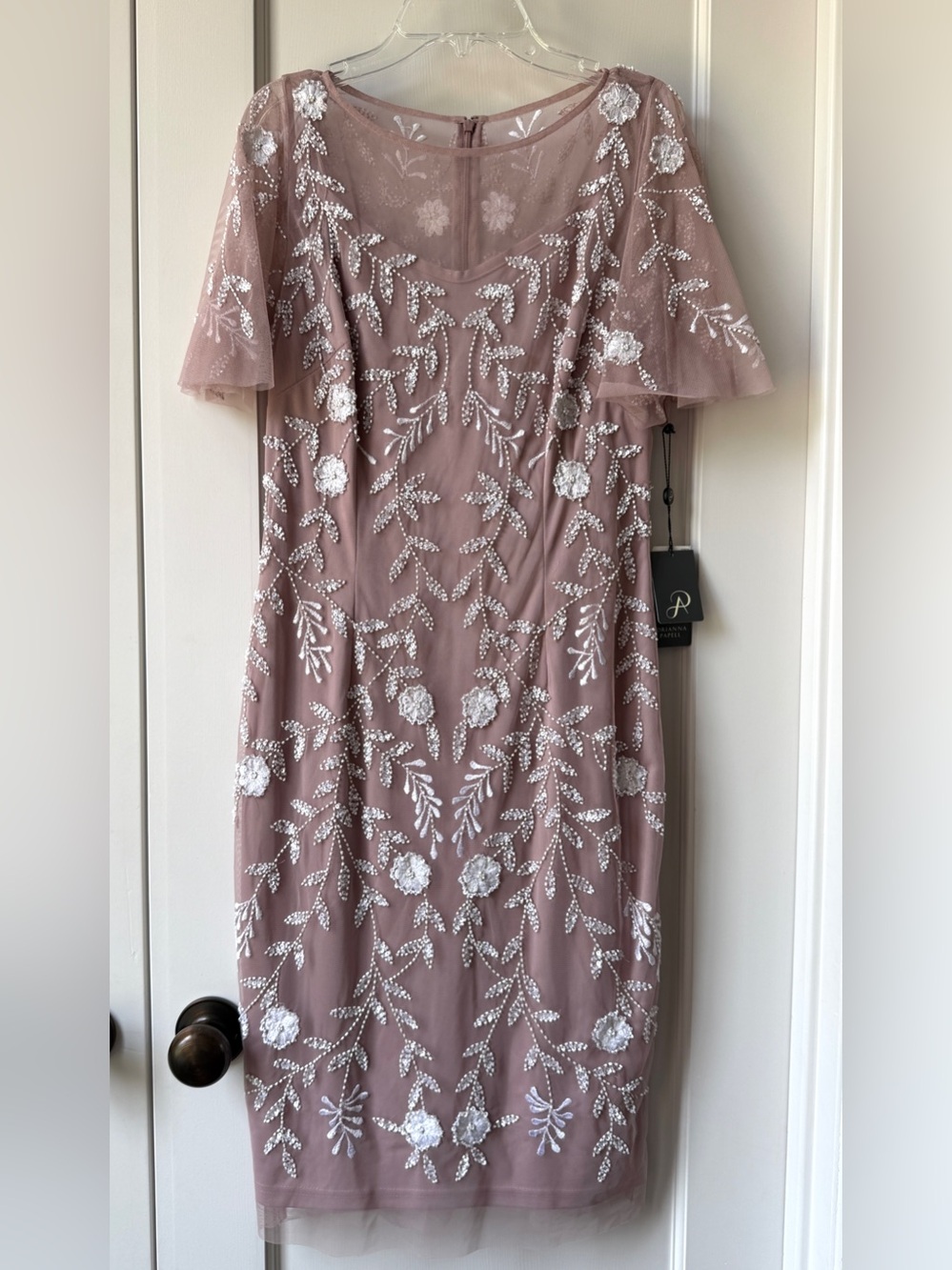 Adrianna Papell Embellished Flutter-Sleeve Sheath Dress in Dusted Petal/Ivory